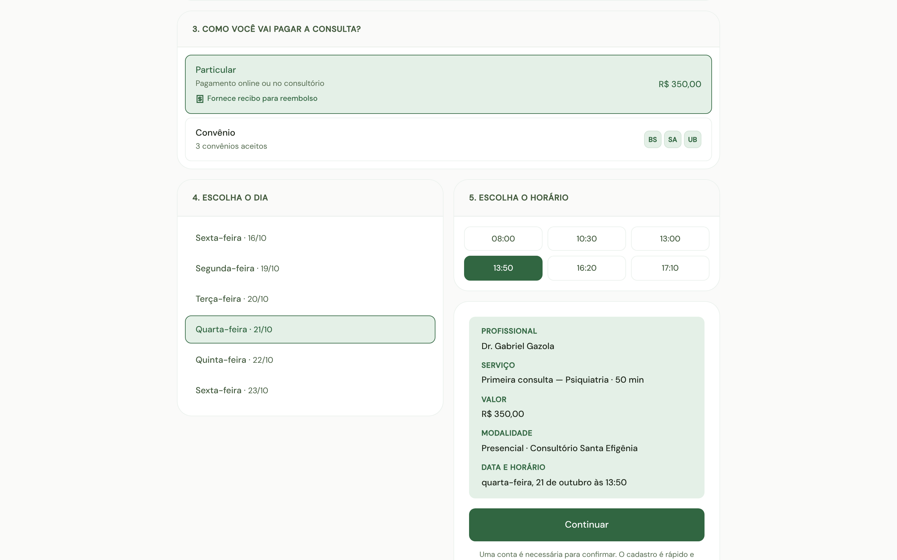 Tela de agendamento público do Alliomed com seleção de modalidade e convênio ANS
